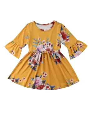 Vintage Bell-sleeved Flower One-Piece Dress for Spring Autumn Baby Little Girl