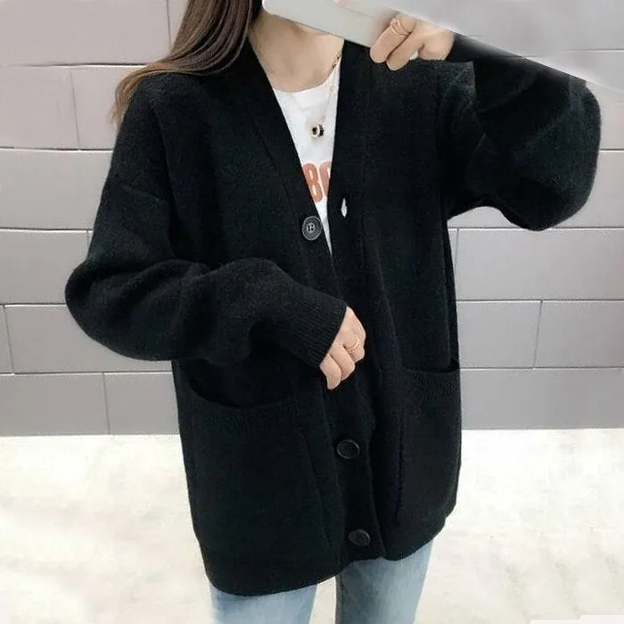 Wenkouban Autumn Loose Cardigans Casual Vintage Women Knitted Sweaters  Fashion Korean Long Sleeve Knitwear Female Solid V-Neck Sweaters