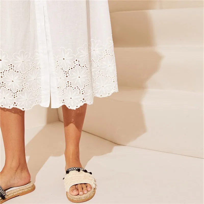 White Embroidered Eyelet Hem Button Up Summer Boho Dress Women Straps Empire Dress Solid Fit And Flare Long Cami Dresses