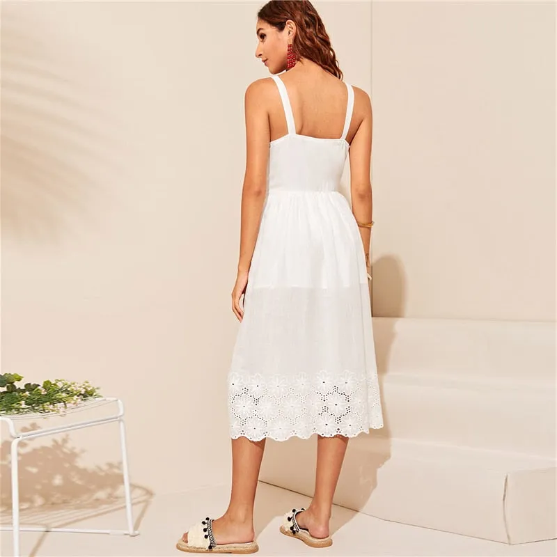 White Embroidered Eyelet Hem Button Up Summer Boho Dress Women Straps Empire Dress Solid Fit And Flare Long Cami Dresses