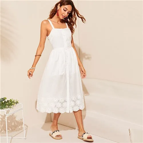 White Embroidered Eyelet Hem Button Up Summer Boho Dress Women Straps Empire Dress Solid Fit And Flare Long Cami Dresses