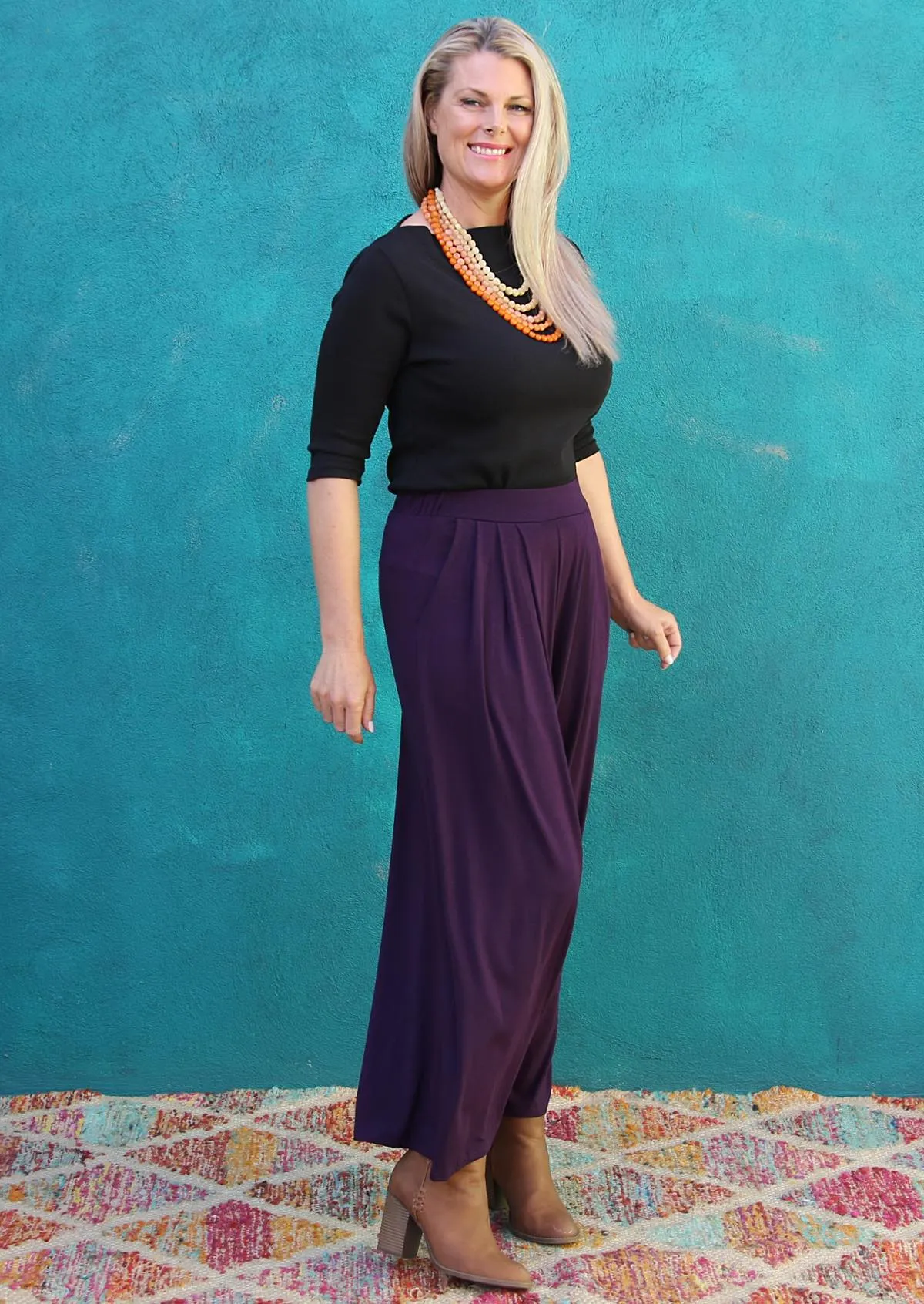 Wide Leg Stretch Pocket Pants Dark Purple