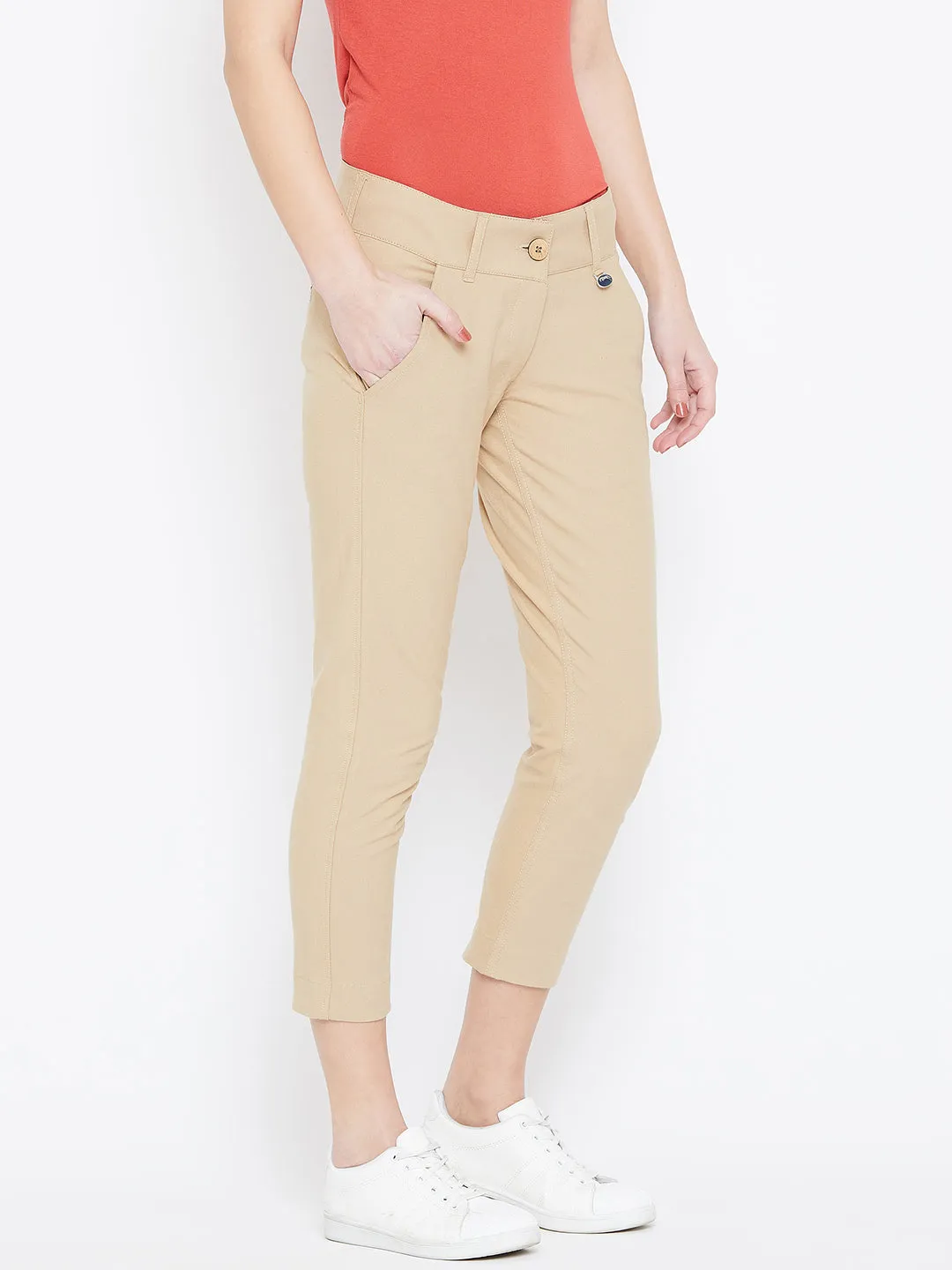 Women Beige Solid Skinny Fit Trousers