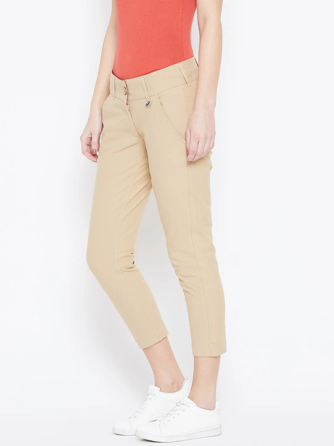 Women Beige Solid Skinny Fit Trousers