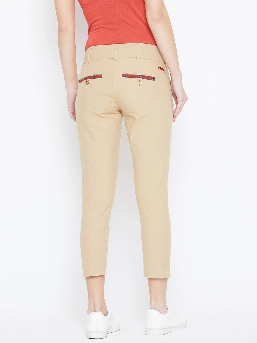 Women Beige Solid Skinny Fit Trousers