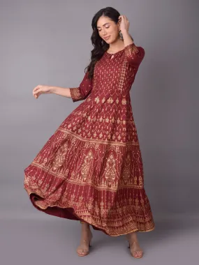 Women Maroon Ornamental Printed Dress