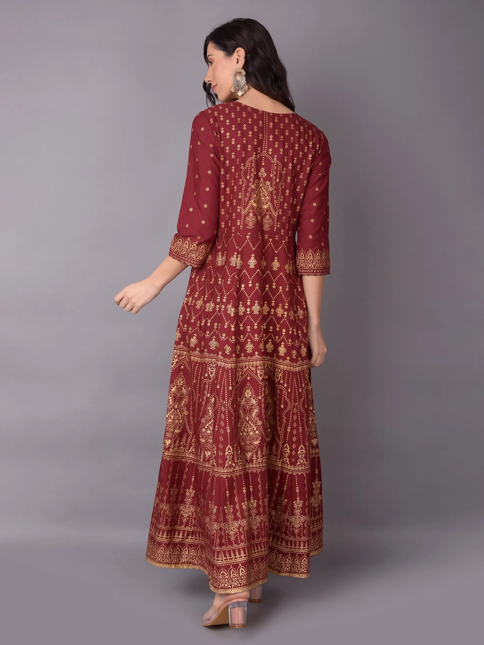 Women Maroon Ornamental Printed Dress