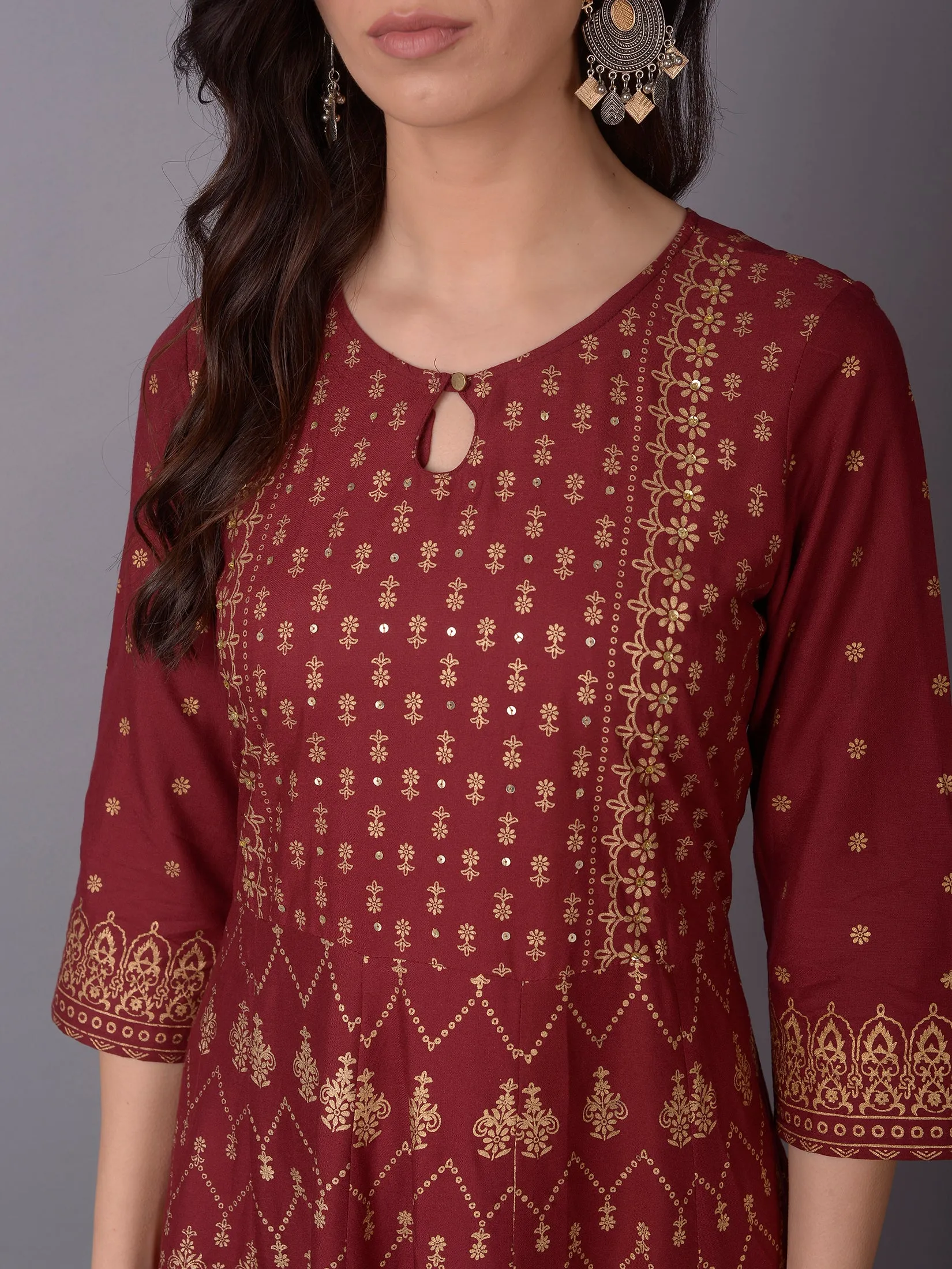 Women Maroon Ornamental Printed Dress