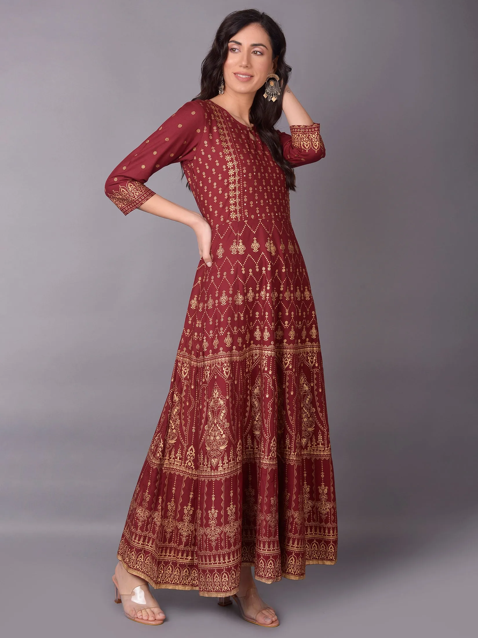 Women Maroon Ornamental Printed Dress