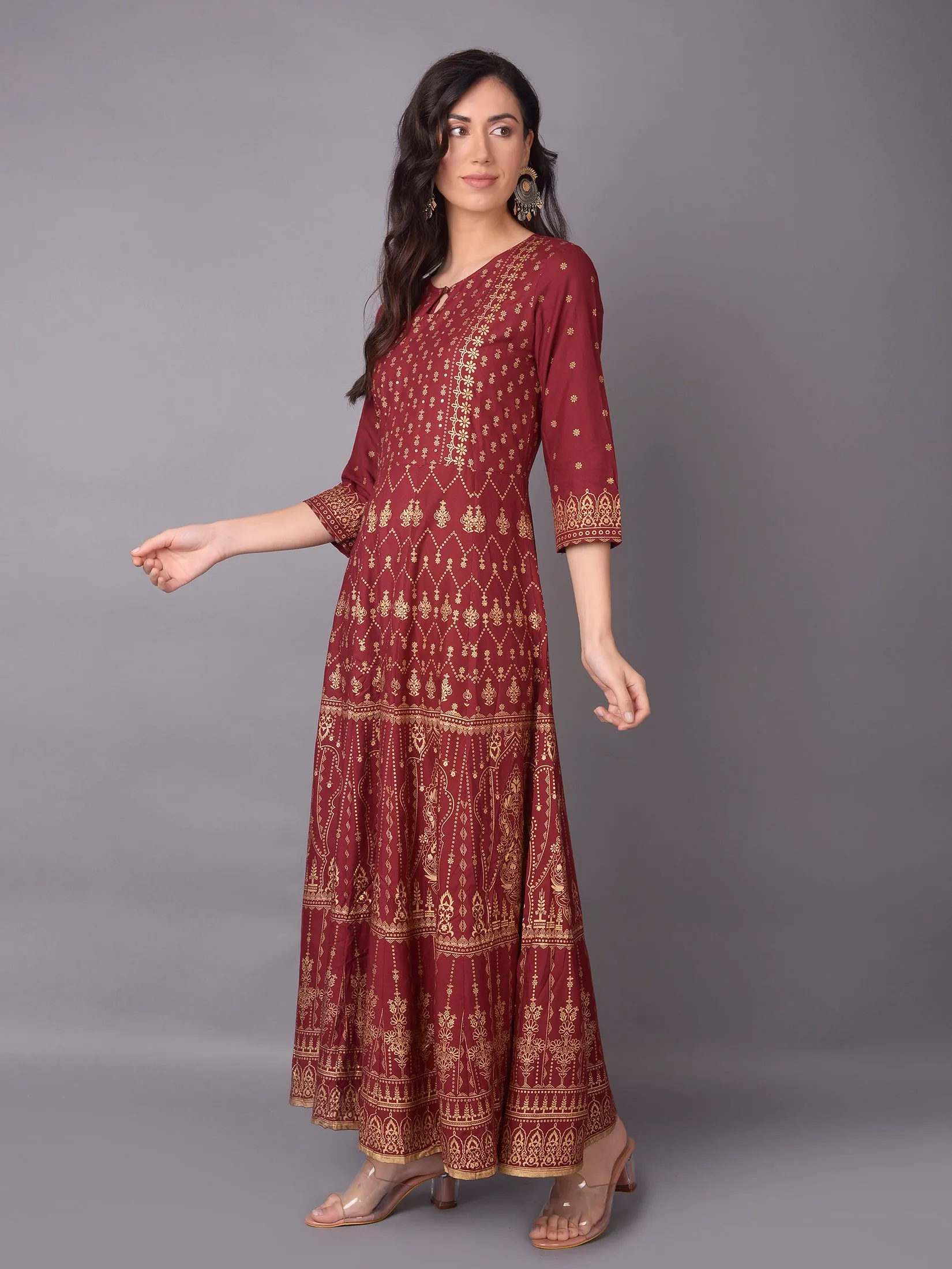 Women Maroon Ornamental Printed Dress