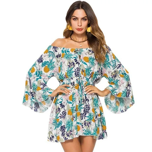 Women Summer Floral Print Mini Sexy Long Sleeve Party  Dresses