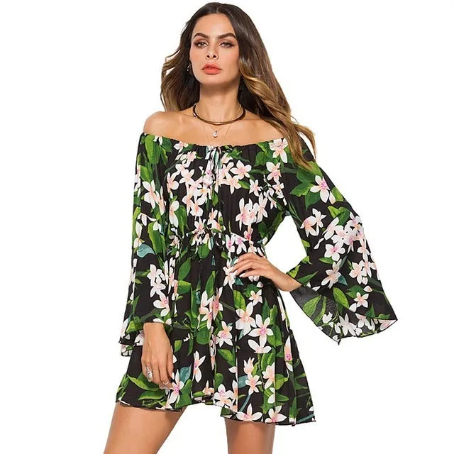 Women Summer Floral Print Mini Sexy Long Sleeve Party  Dresses