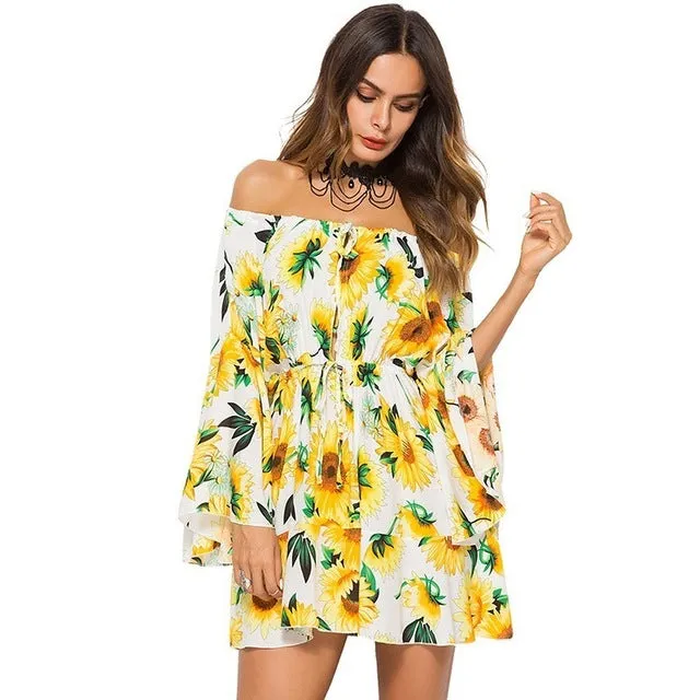 Women Summer Floral Print Mini Sexy Long Sleeve Party  Dresses