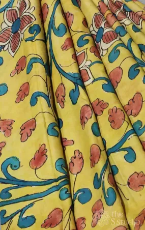 Yellow hand painted pen kalamkari  light weight silk fabric