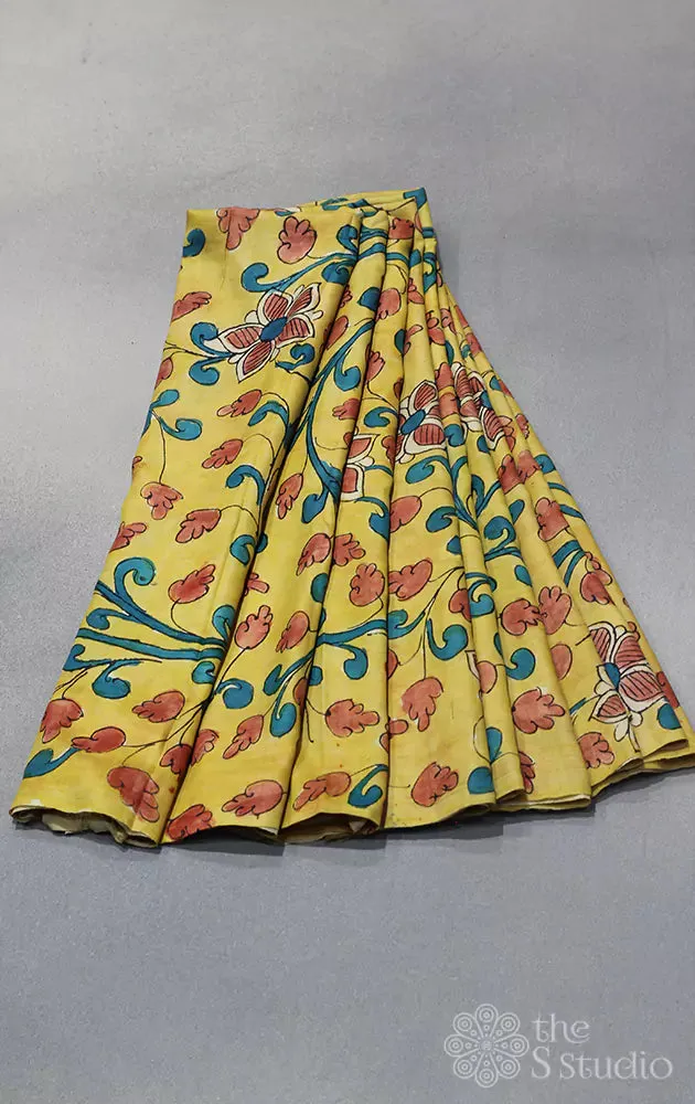 Yellow hand painted pen kalamkari  light weight silk fabric